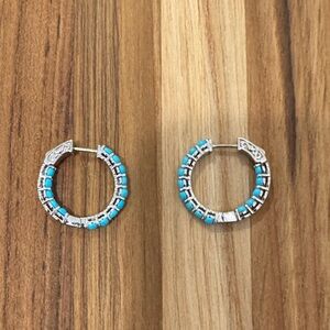 Blue Turquoise and 925 stamped Silver Hoop Earrings